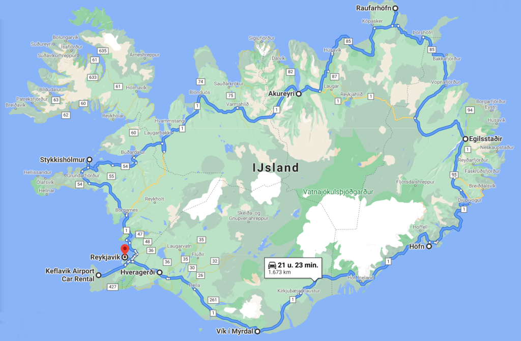 IJsland route rondreis kaart met stops Reykjavik Golden Circle Vik Akureyri Snaefelssnes